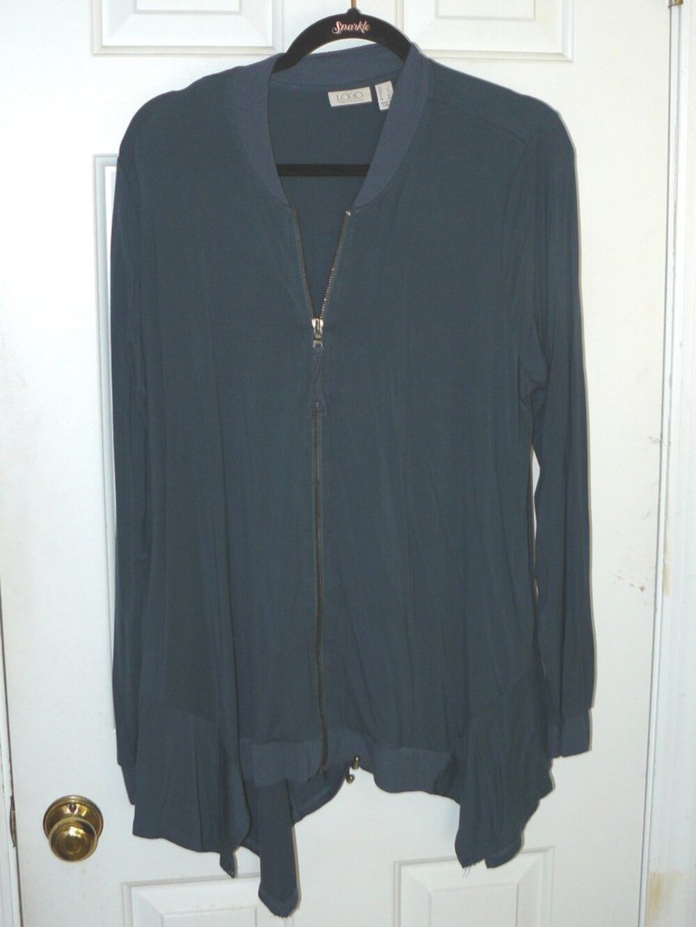 LOGO by Lori Goldstein Rayon 230 Bomber Cardigan w/ Rib Detail Sz L